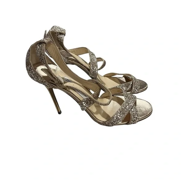 Jimmy Choo Lottie Antique Gold Glitter Heels Strappy Sandals Size 38.5 - Picture 2 of 13